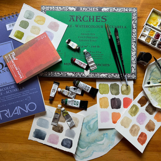 artist Bevin Marie's favourite watercolour supply list, including paints, brushes, and paper