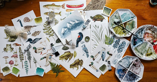 artist Bevin Marie watercolor nature paintings used in her surface pattern designs for fabric and wallpaper