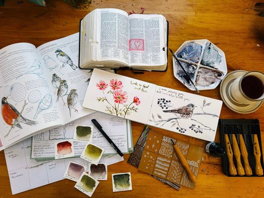 artist bevin marie, nature journaling, bible study, bird painting, watercolor, annual planning